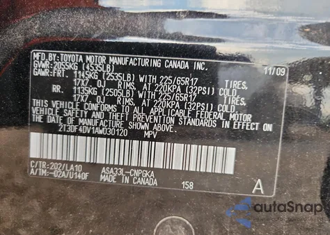 2010 Toyota Rav4 Limited z USA, uszkodzony, nr VIN 2T3DF4DV1AW030120